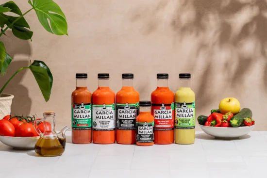 Gazpacho fresco García Millán en botellas, con variedades andaluza, mediterranea, sin pepino, de fresón y de la huerta